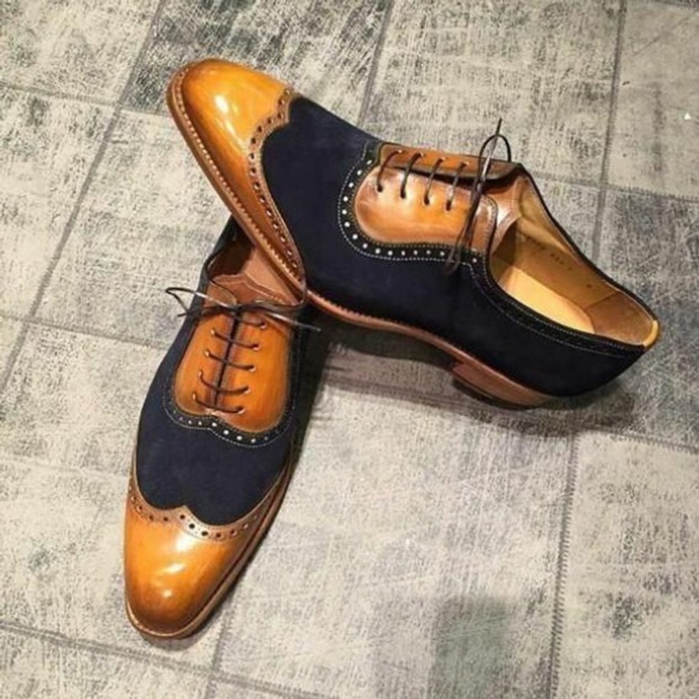 men's tan brown & blue wingtip shoes handmade